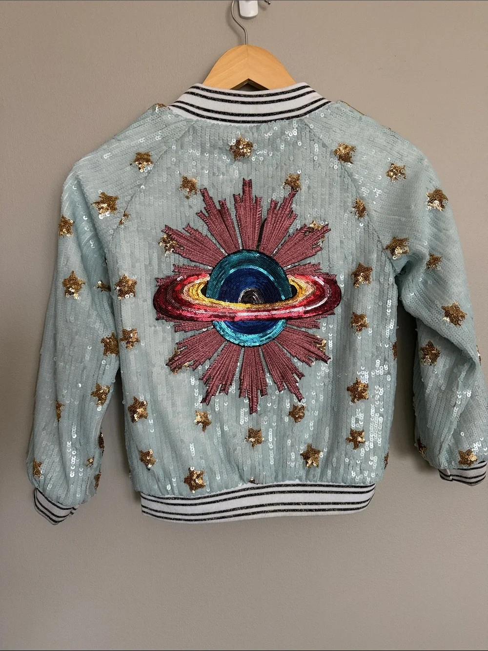 Lola & the boys Light Aqua Sequin Star Bomber Jacket with Gold Stars 8